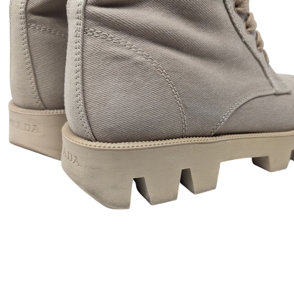 Prada Rocksand Light Beige Washed Denim Canvas Combat Lug Boots Size EU 38.5 - Picture 9 of 16